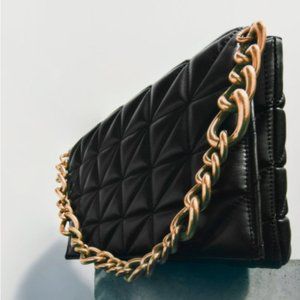 Zara Bottega Veneta Inspired Black Leather Bag Purse Gold Chain